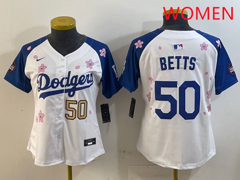 Women Los Angeles Dodgers #50 Betts White Blue Sakura Edition 2025 Nike MLB Jersey style 6->women mlb jersey->Women Jersey